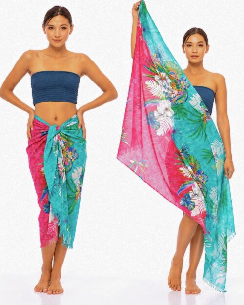 paréo coton imprimé tropical paréo 100% coton imprimé tropical couleur fuchsia turquoise palme paris