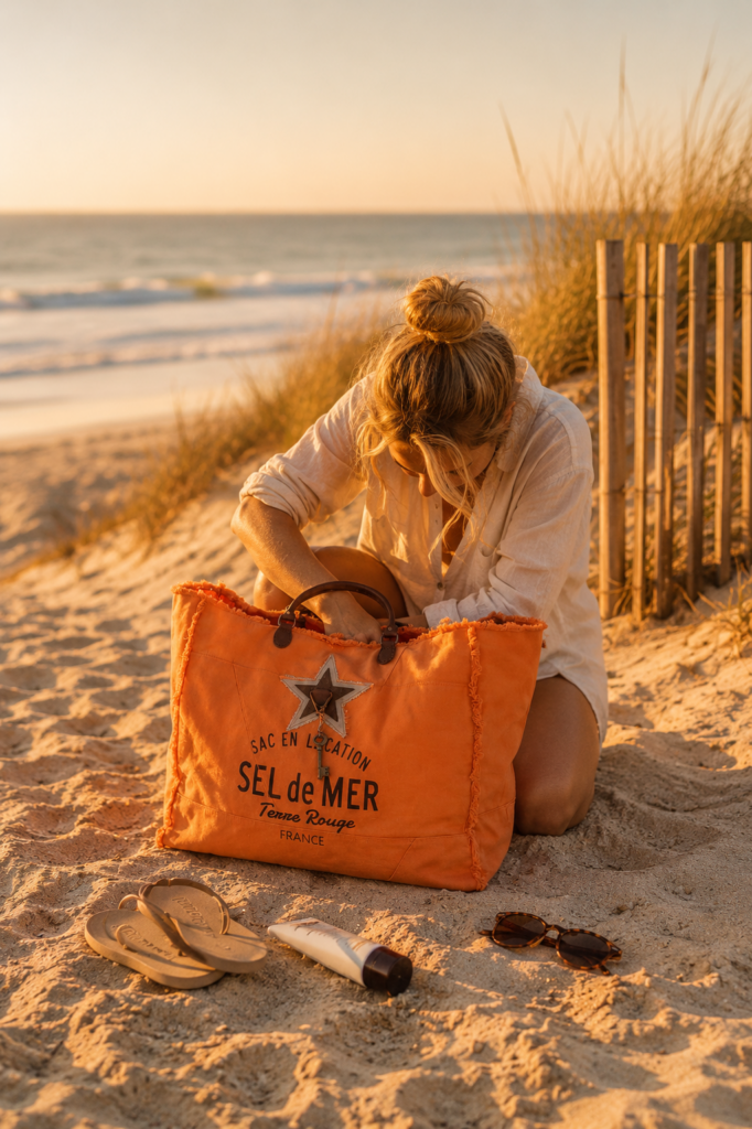 Femme cherchant ses clés au fond d'un grand sac de plage orange Sel de Mer sur une plage au coucher du soleil.